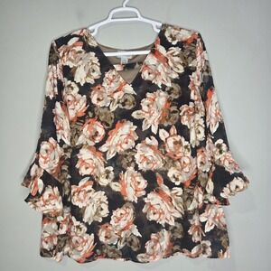 Catherines‎ Womens Multicolor Bell Sleeve Peasant Floral Textured Blouse Top 2X